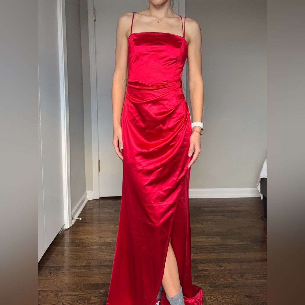 Red Satin Corset Maxi Dress L